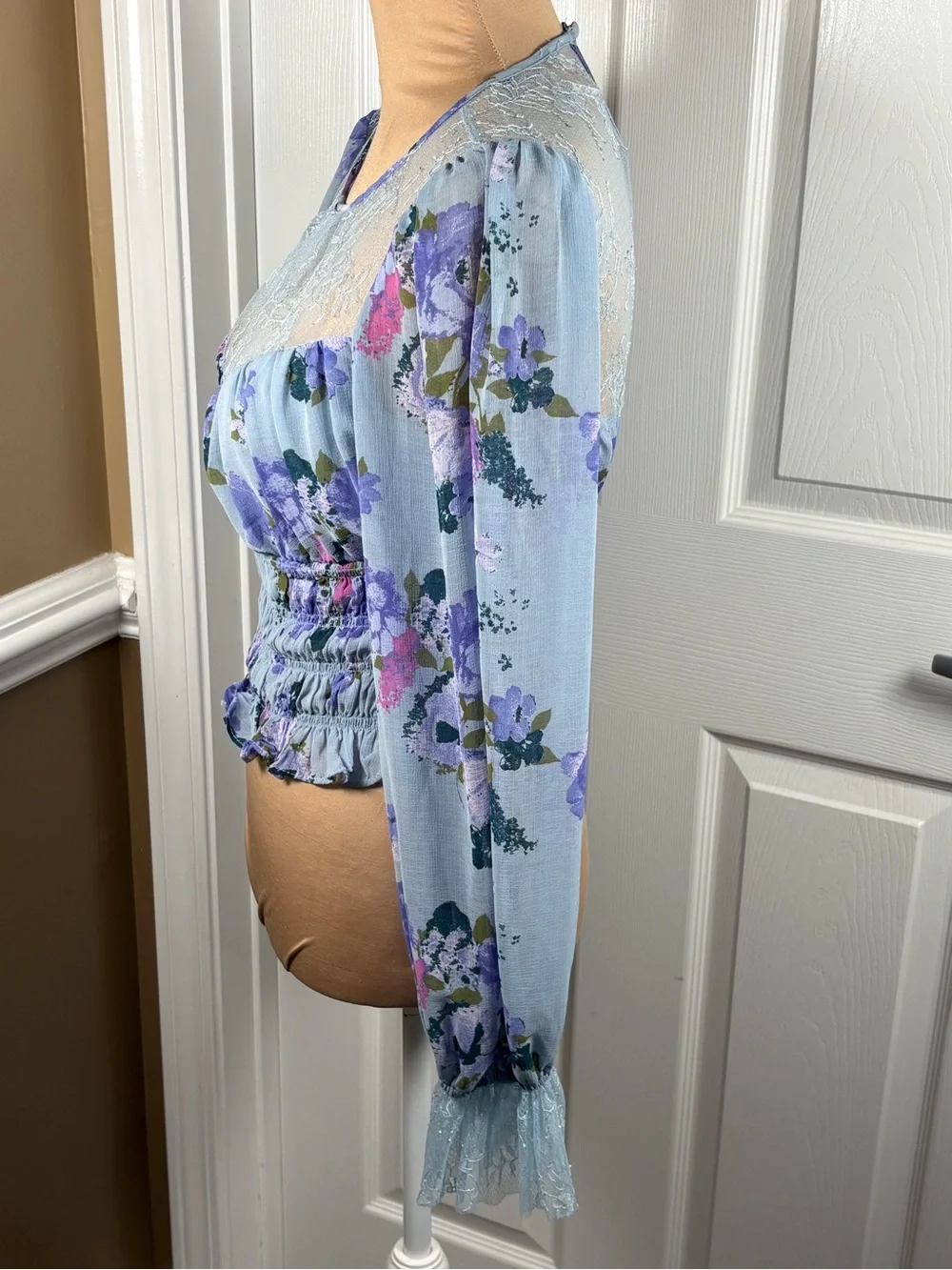 Free People Daphne Blouse in Silver Blue Combo Floral Lace Small NWT